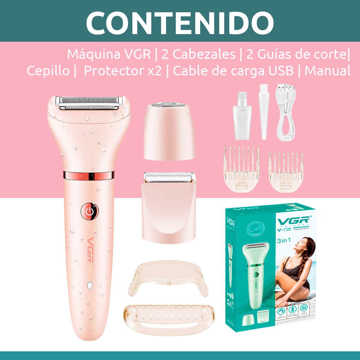 Afeitadora Eléctrica Mujer Trimmer 3en1 VGR V-735 Usb IPX7 - Image 8
