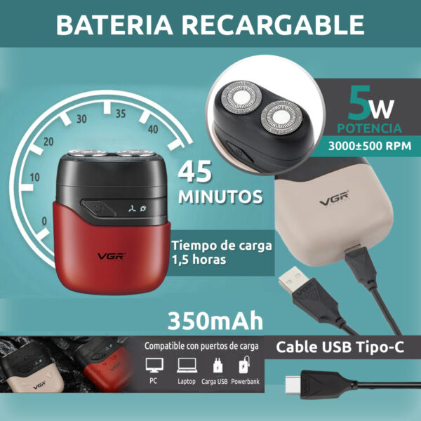 Afeitadora Eléctrica Portatil Vgr V-345 Usb Ipx7 Waterproof - Image 3