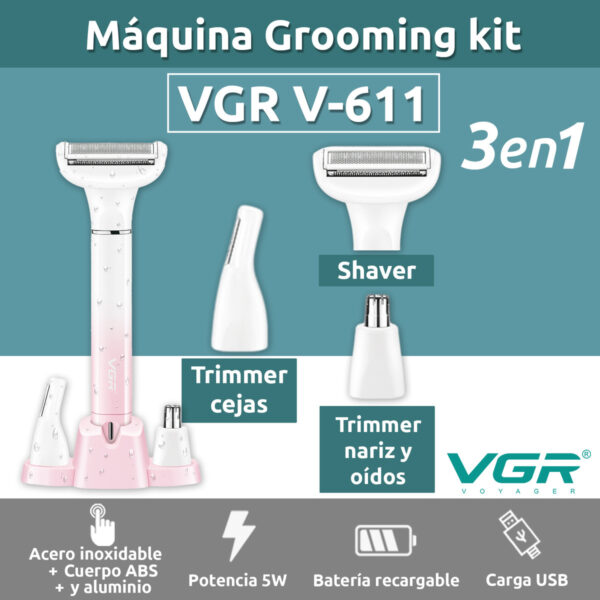 Set Mujer 3en1 Afeitadora Corporal Nariz Ceja Vgr V-611 Ipx5 - Image 2