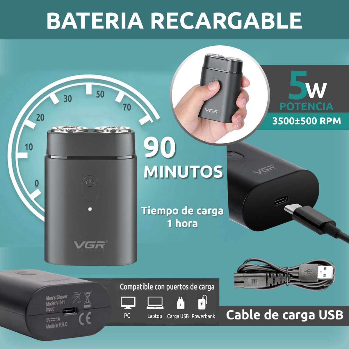 Afeitadora Eléctrica Portatil VGR V-341 Usb Tipo C Viajera - Image 3