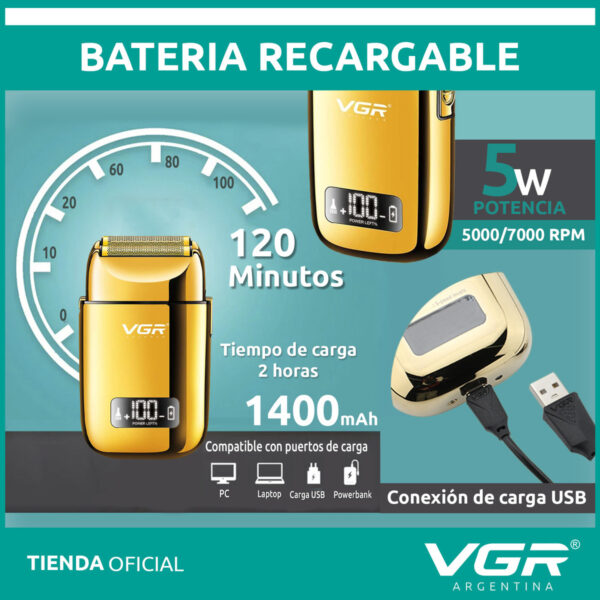 Afeitadora Eléctrica Hombre Shaver VGR V-338 Metal Usb Dorado - Image 3