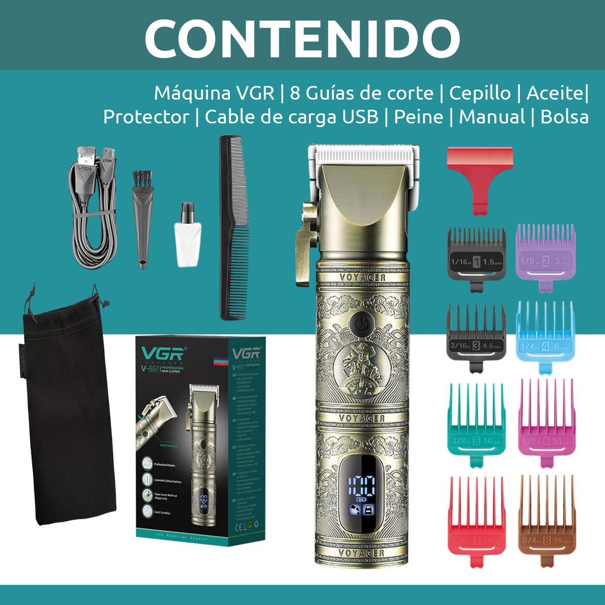 Máquina Cortar Pelo Profesional VGR V-697 Metal Usb 8 Peines - Image 8