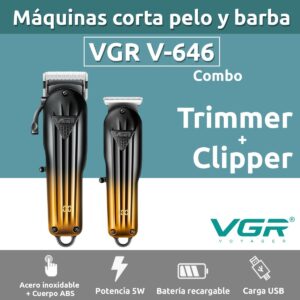 Kit Máquina Barbería Clipper Trimmer VGR V-646 Usb 10 Guías