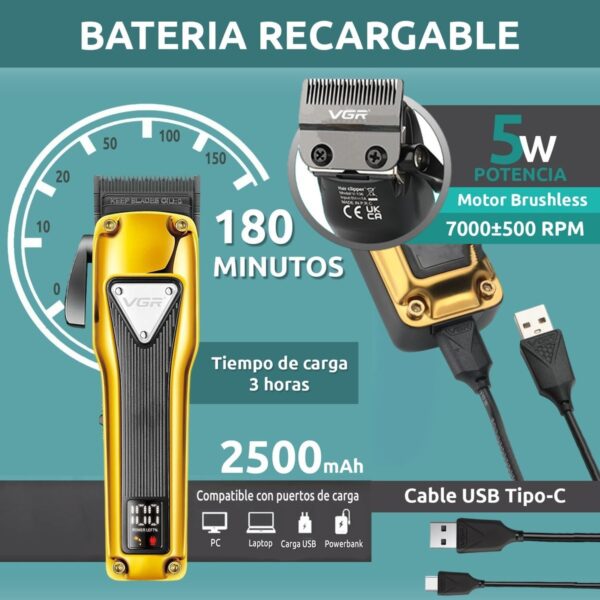 Cortadora de Pelo VGR V-137 Metal 6 Guías Motor Brushless - Image 3