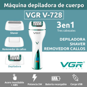 Depiladora Electrica Mujer Vello Callo Cuerpo 3en1 Vgr V-728