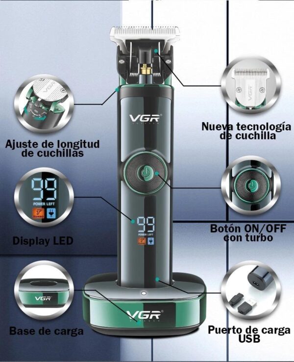Cortadora De Pelo Barba Clipper VGR V-671 Recargable Usb Panel Led - Image 2