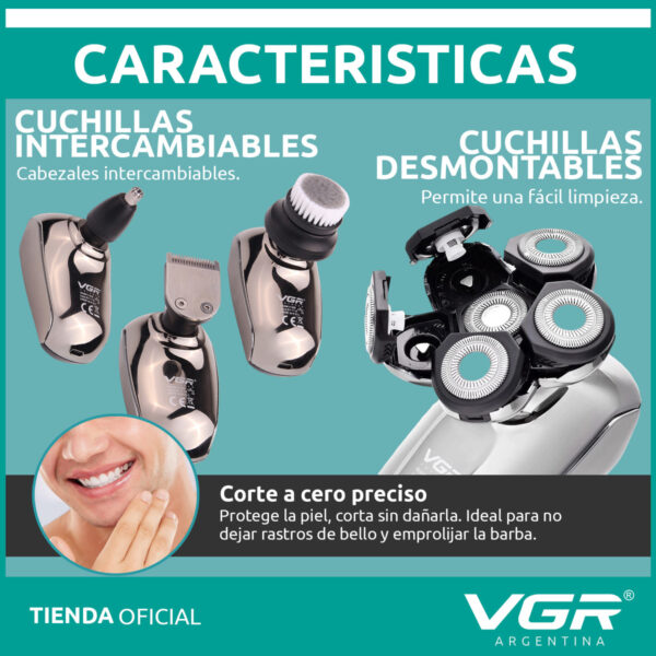 Afeitadora Eléctrica VGR V-320 Barba Pelo Nariz 5en1 Usb Plateado - Image 6