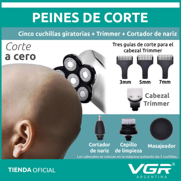 Afeitadora Eléctrica VGR V-320 Barba Pelo Nariz 5en1 Usb Plateado - Image 5