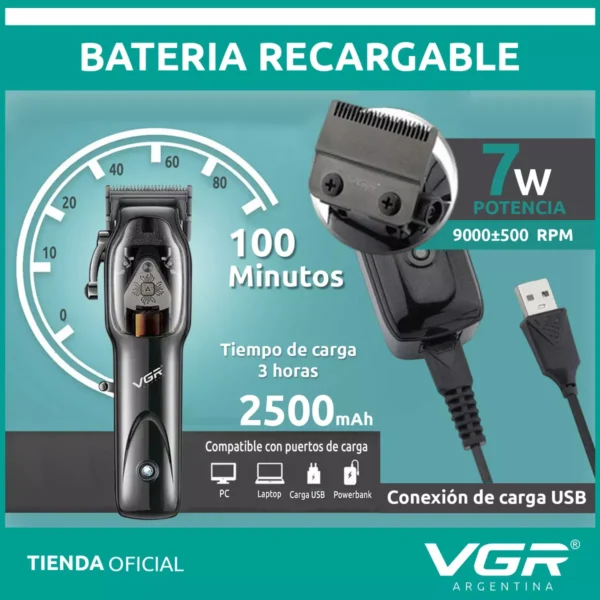 Máquina de Cortar Pelo VGR V-653 Recargable Profesional Usb Negro - Image 3