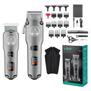 Set x2 Máquina Cortar Pelo+ Patillera VGR V-675 Barbería Usb Plateado