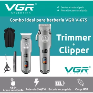 Set x2 Máquina Cortar Pelo+ Patillera VGR V-675 Barbería Usb Plateado