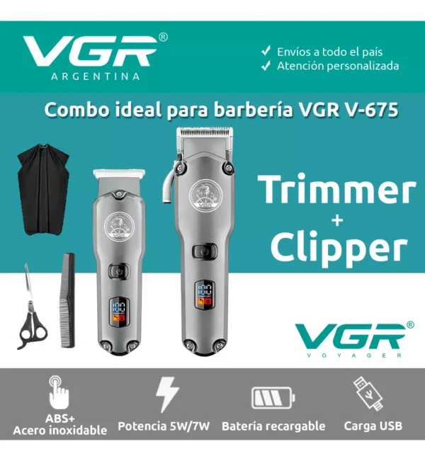 Set x2 Máquina Cortar Pelo+ Patillera VGR V-675 Barbería Usb Plateado - Image 2