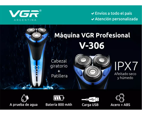 Afeitadora Electrica Shaver Rasuradora Recargable Vgr V-306 Azul/Negro - Image 2