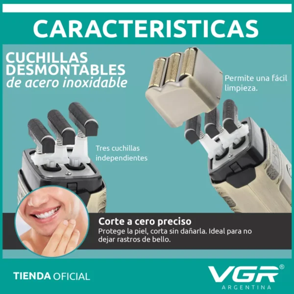 Afeitadora Shaver Vgr V-335 Triple Hoja Inalámbrica Usb Dorado - Image 6