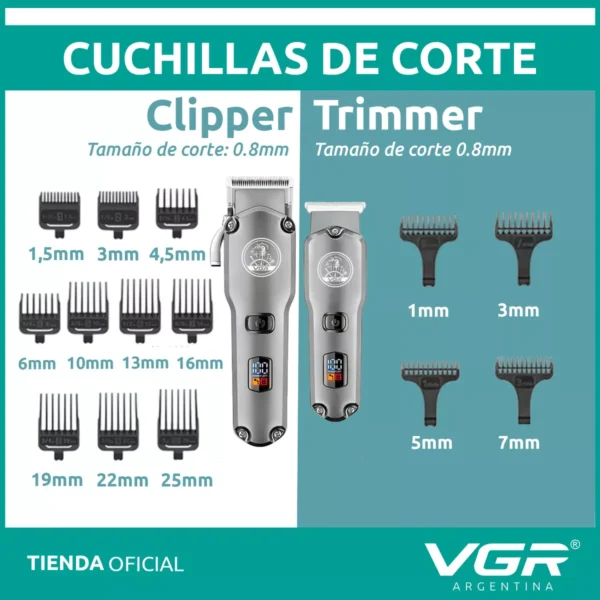 Set x2 Máquina Cortar Pelo+ Patillera VGR V-675 Barbería Usb Plateado - Image 5