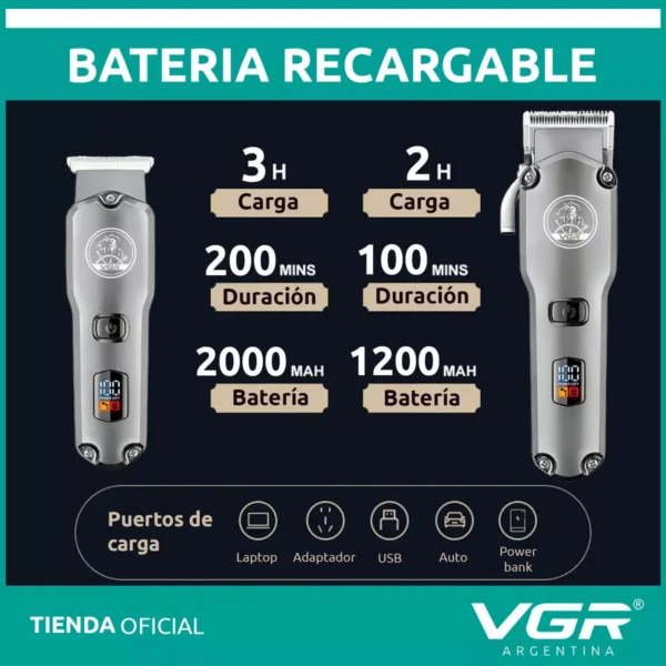 Set x2 Máquina Cortar Pelo+ Patillera VGR V-675 Barbería Usb Plateado - Image 3