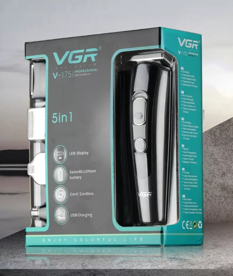 Maquina Corta Pelo Barba Vgr V-175 Grooming 5 En 1 Led Usb Negro - Image 6
