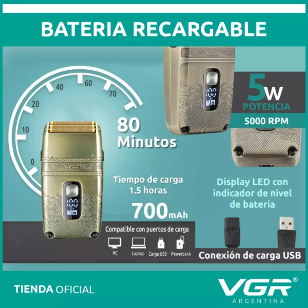 Afeitadora Shaver Vgr V-335 Triple Hoja Inalámbrica Usb Dorado - Image 3