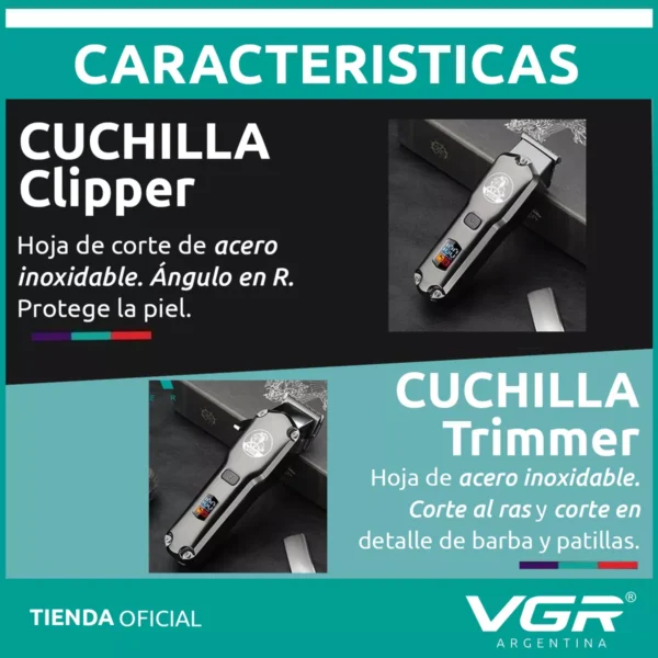 Set x2 Máquina Cortar Pelo+ Patillera VGR V-675 Barbería Usb Plateado - Image 6