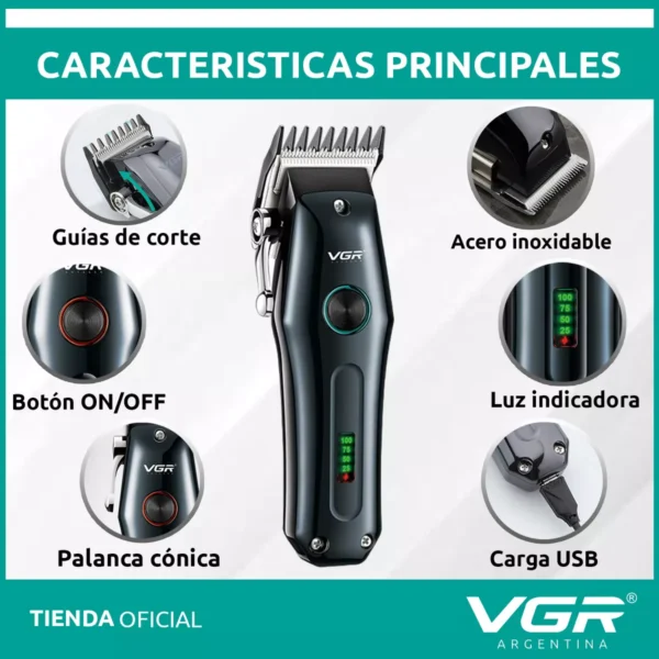Máquina Cortar Pelo VGR V-969 Inalámbrica Recargable Usb Led Negro y Rojo VGR - Image 4