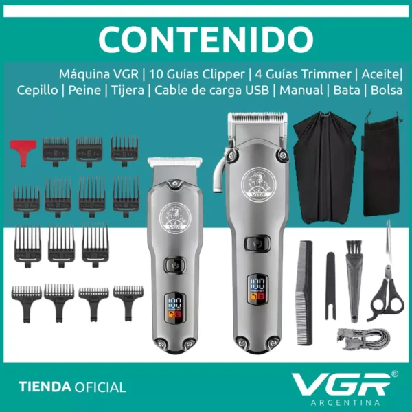 Set x2 Máquina Cortar Pelo+ Patillera VGR V-675 Barbería Usb Plateado - Image 8
