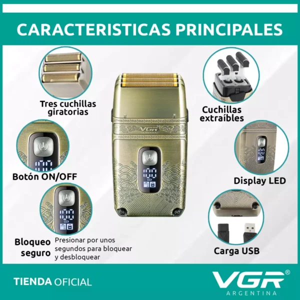 Afeitadora Shaver Vgr V-335 Triple Hoja Inalámbrica Usb Dorado - Image 4