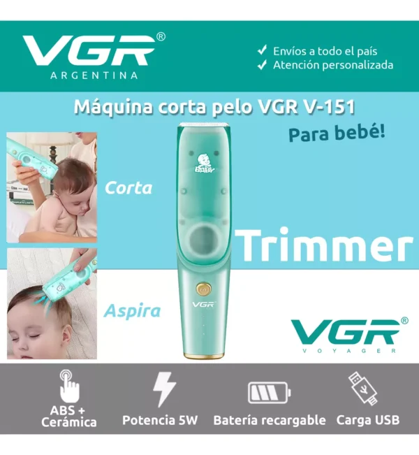 Máquina Cortar Pelo Patillera Niños Bebés Vgr V-151 Cerámica Verde - Image 2