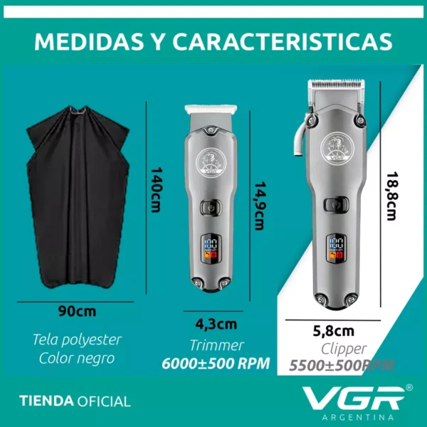 Set x2 Máquina Cortar Pelo+ Patillera VGR V-675 Barbería Usb Plateado - Image 7
