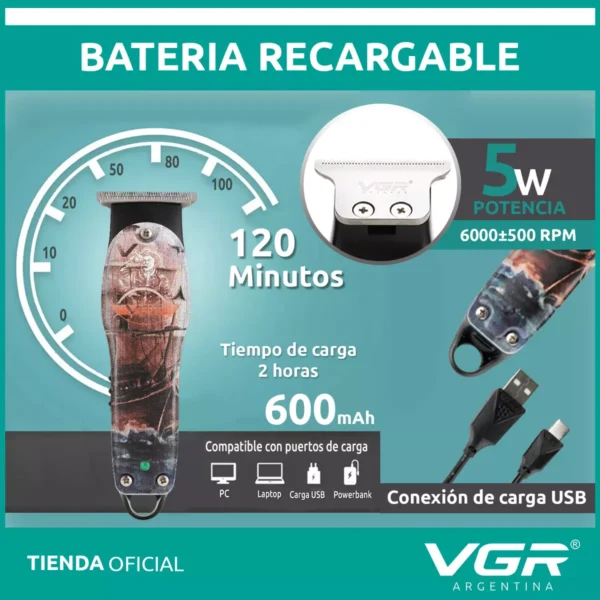Máquina Cortar Pelo Patillera VGR V-953 Inalámbrica Usb Oceano - Image 3