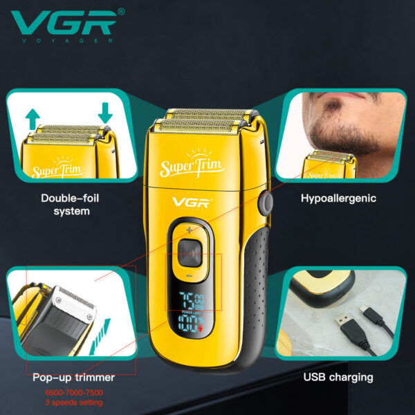 Afeitadora Eléctrica Hombre Trimmer Barba 2en1 Usb Vgr V-332 Plateado - Image 5