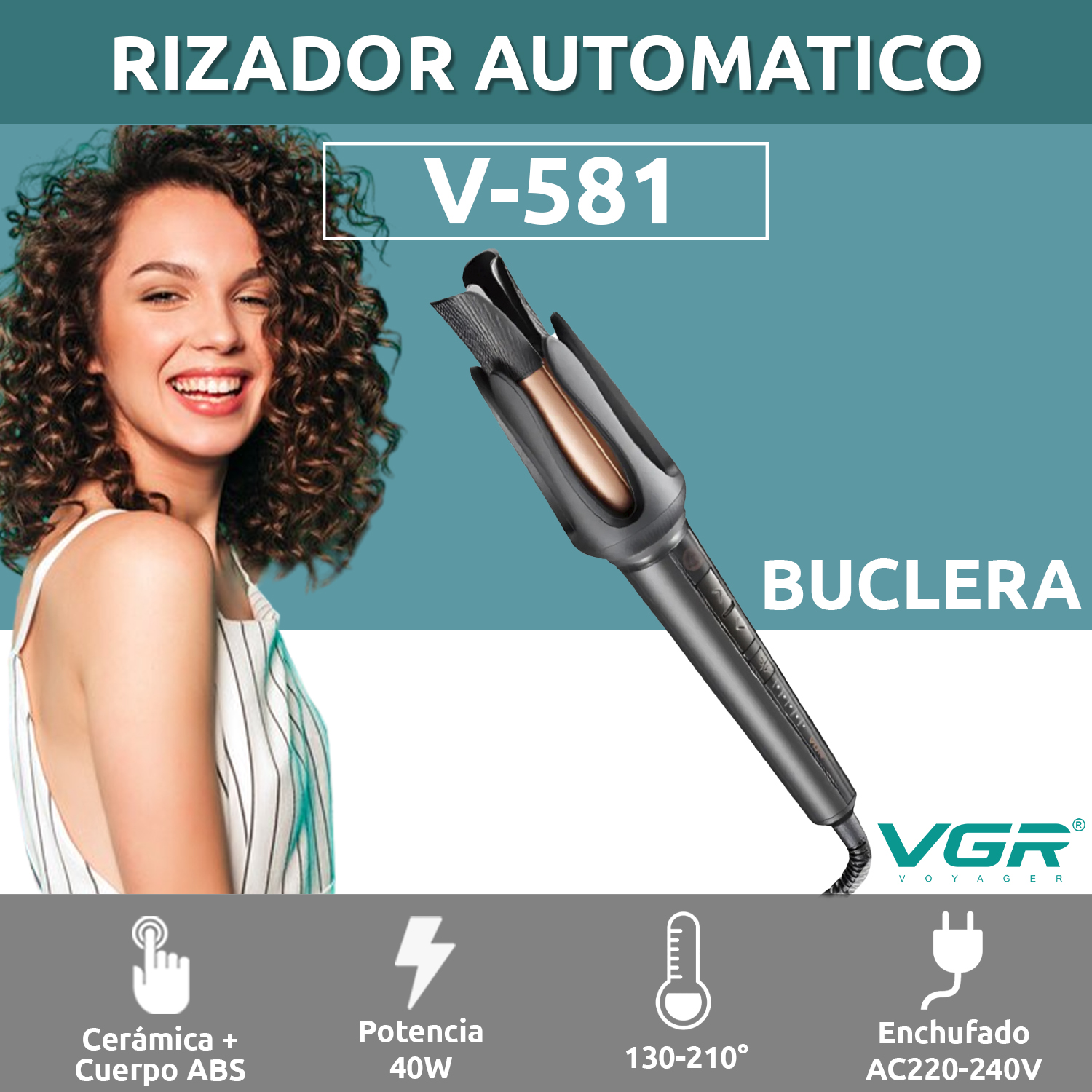 Buclera Automatica Profesional Para Cabello Rulos VGR V-581 210°C Color Negro - Image 2