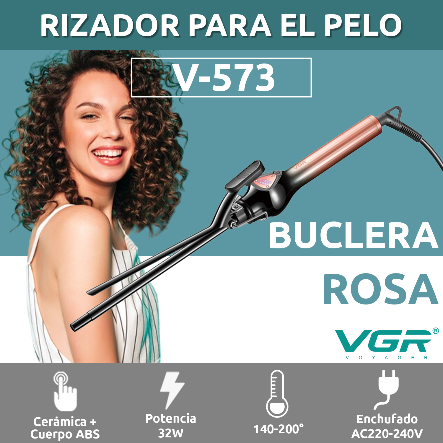 Rizador Buclera VGR V-573 Cerámica Pro 200°C 7 Niveles Led Color Rosa - Image 2