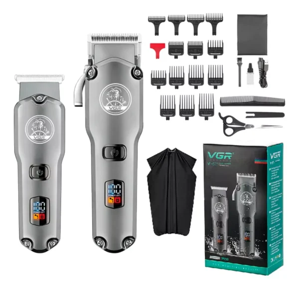 Set x2 Máquina Cortar Pelo+ Patillera VGR V-675 Barbería Usb Plateado