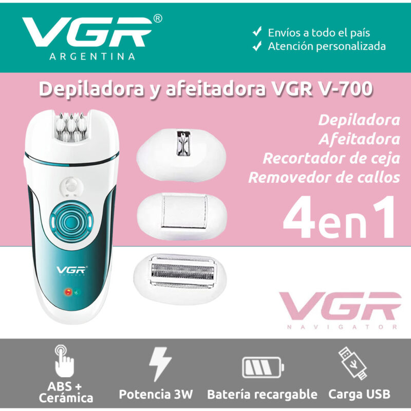 Alternative view of Depiladora Eléctrica Mujer VGR V-700 Cara Cuerpo Callos 4en1 Blanco