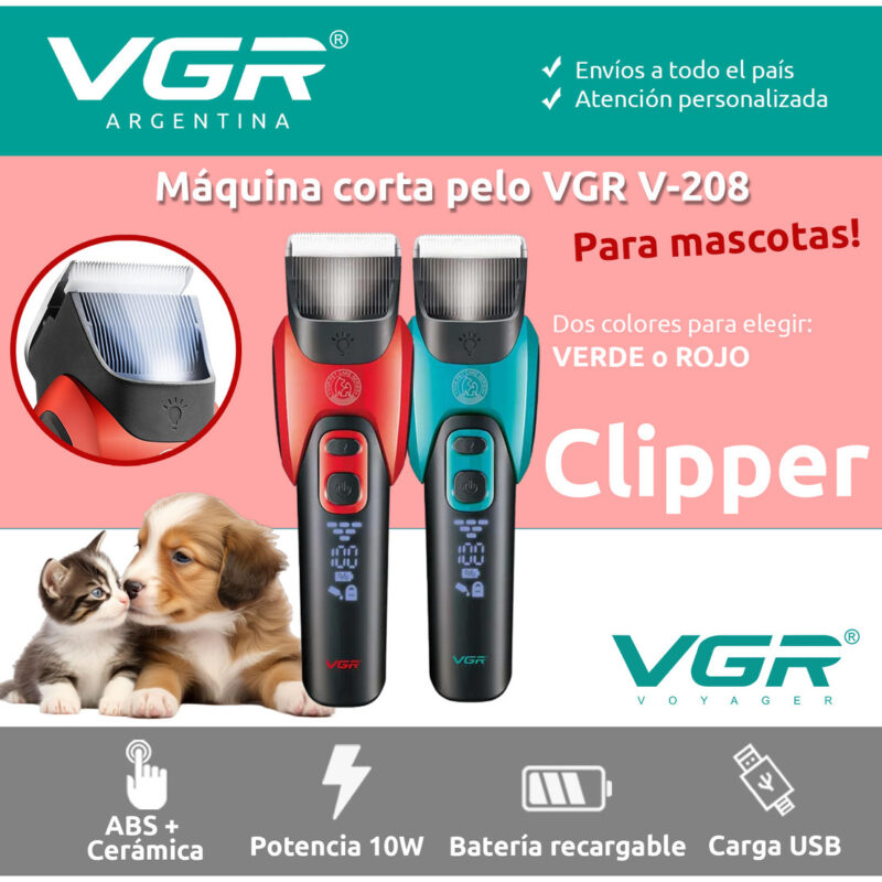 Alternative view of Máquina Cortar Pelo Perros Mascotas VGR V-208 Luz Cerámica Rojo
