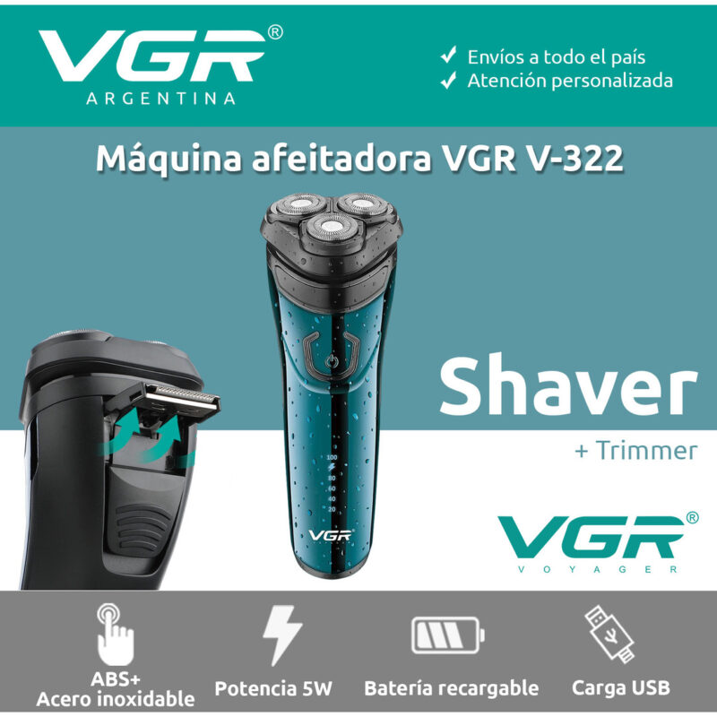 Alternative view of Afeitadora Eléctrica Hombre VGR V-322 Patillera 2en1 Usb Azul