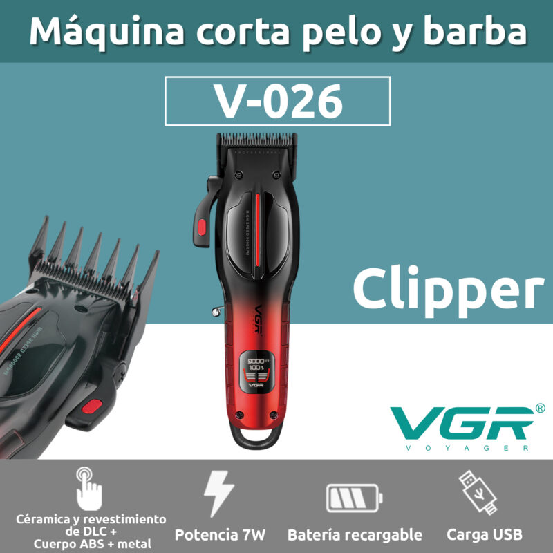 Alternative view of Máquina Cortar Pelo VGR V-026 Pro 9000 RPM Cerámica DLC Color Rojo