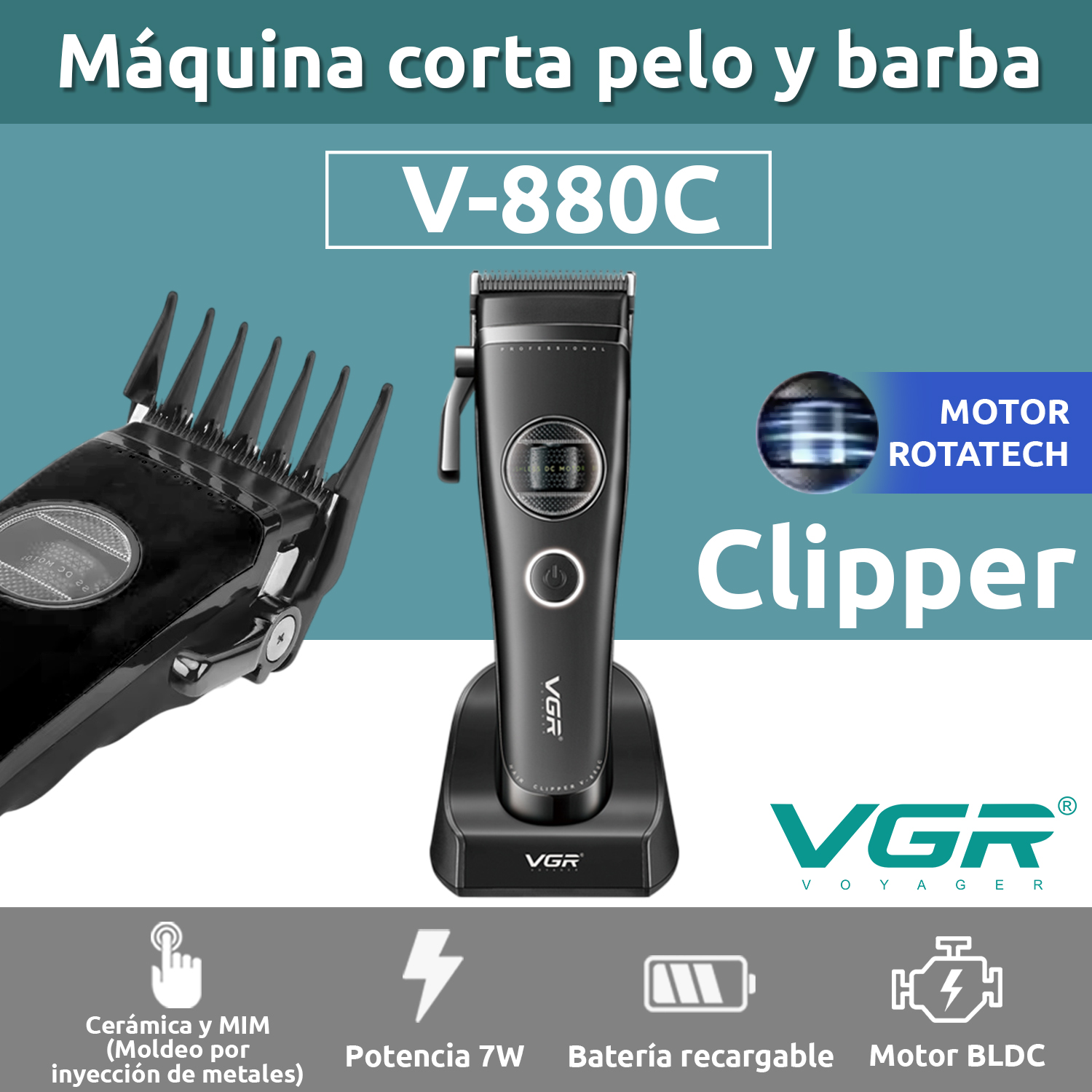 Máquina Cortar Pelo Vgr V-880c Cerámica Motor Rotatech Bldc 7200rpm Color Negro - Image 2
