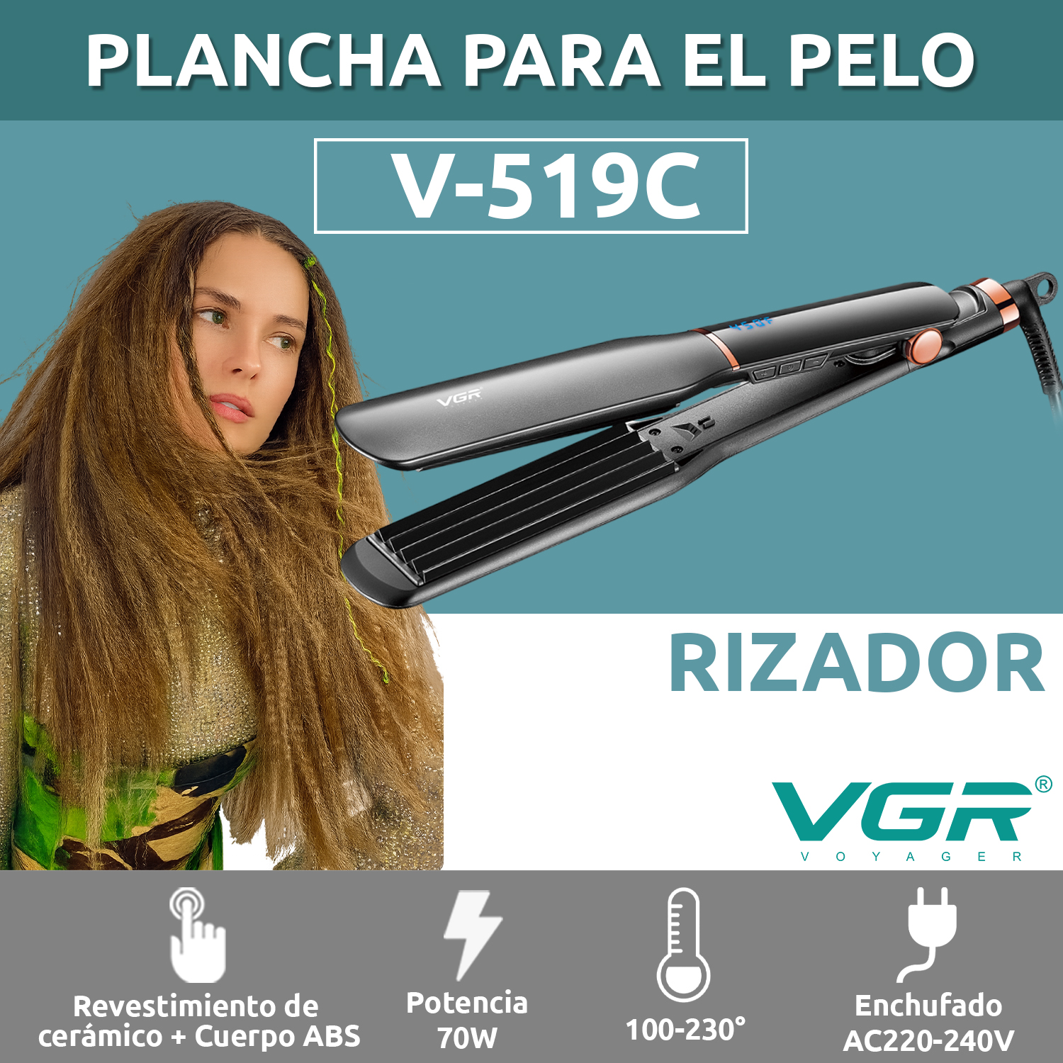 Planchita Rizadora Profesional Pelo VGR V-519C 7 Niveles Color Negro - Image 2