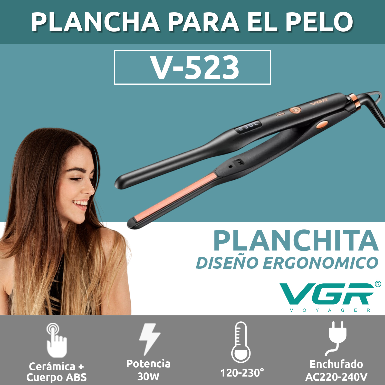 Planchita Mini Pelo Lacio Bucle Corto VGR V-523 Cerámica Color Negro - Image 2