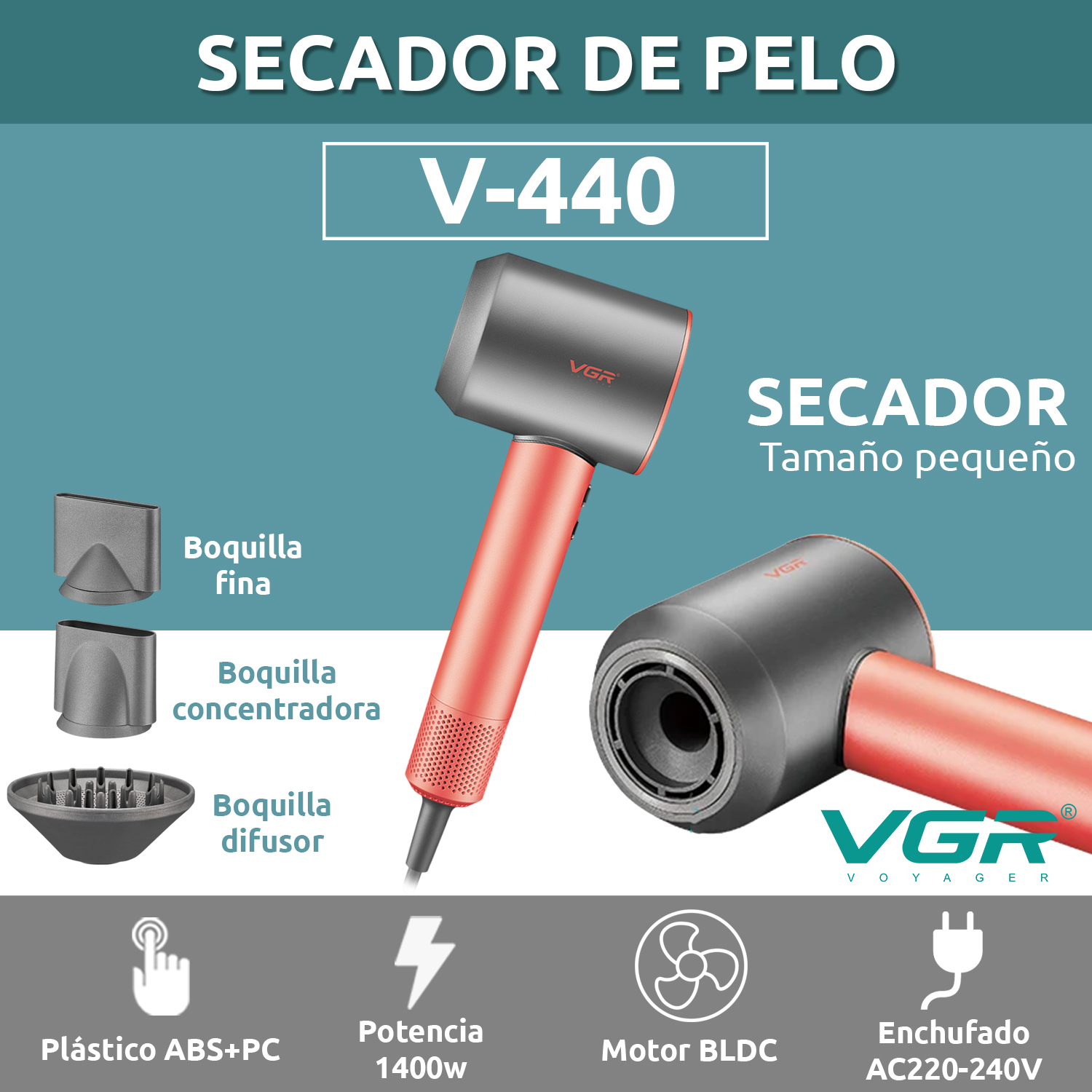 Secador De Pelo Profesional VGR V-440 Iónico 1400w BLDC Color Rojo - Image 2