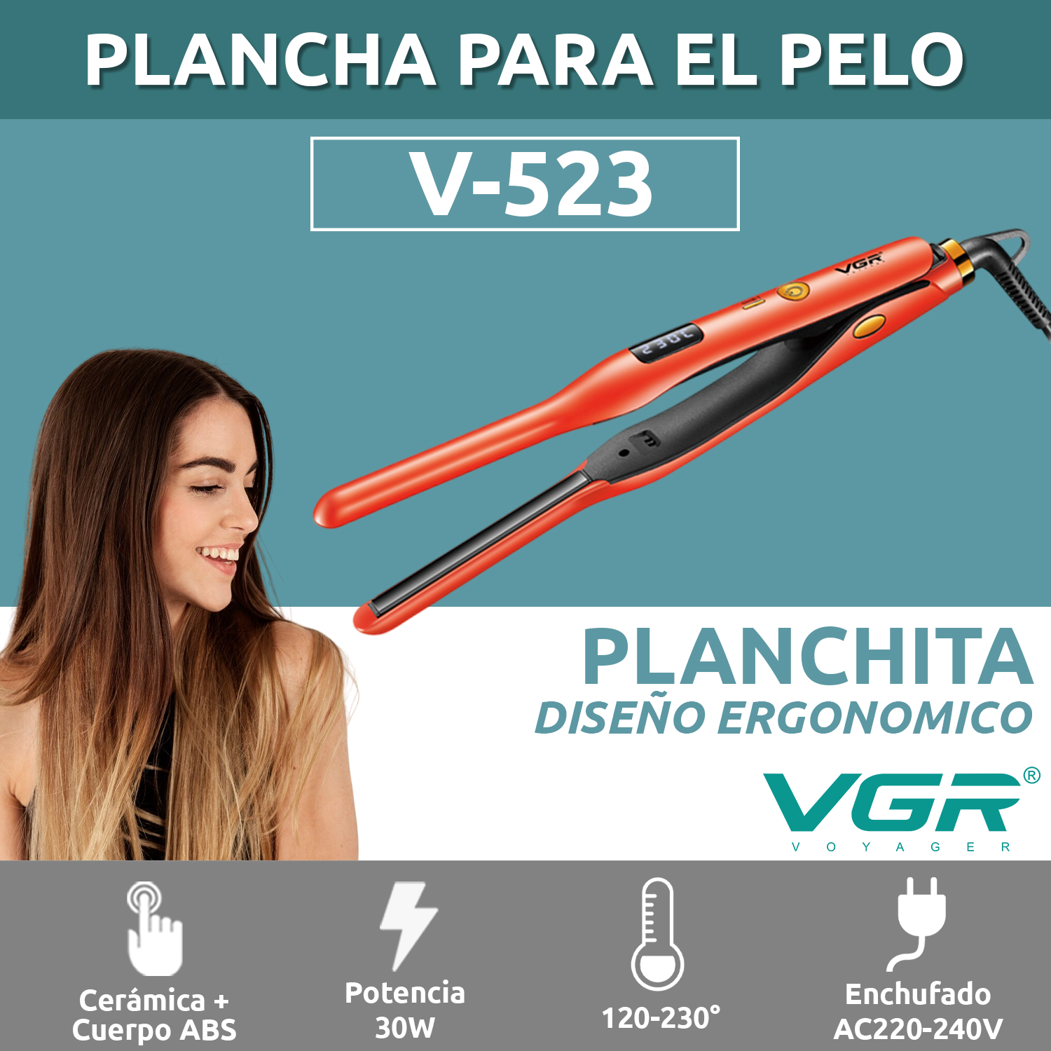 Planchita Mini Pelo Lacio Bucle Corto VGR V-523 Cerámica Color Rojo - Image 2