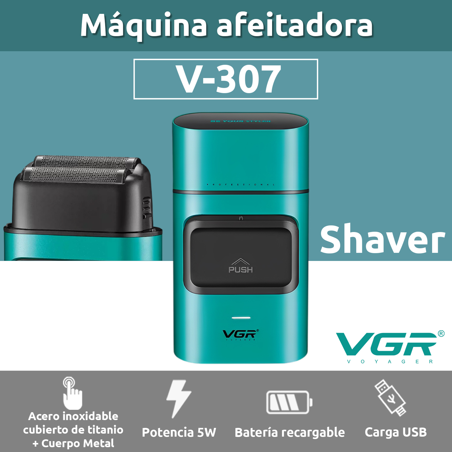 Maquina Corta Pelo Rasuradora Titanio Recargable VGR V-307 Color Verde - Image 2