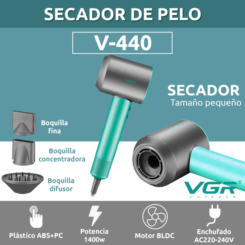 Alternative view of Secador De Pelo Profesional VGR V-440 Iónico 1400w BLDC Color Verde