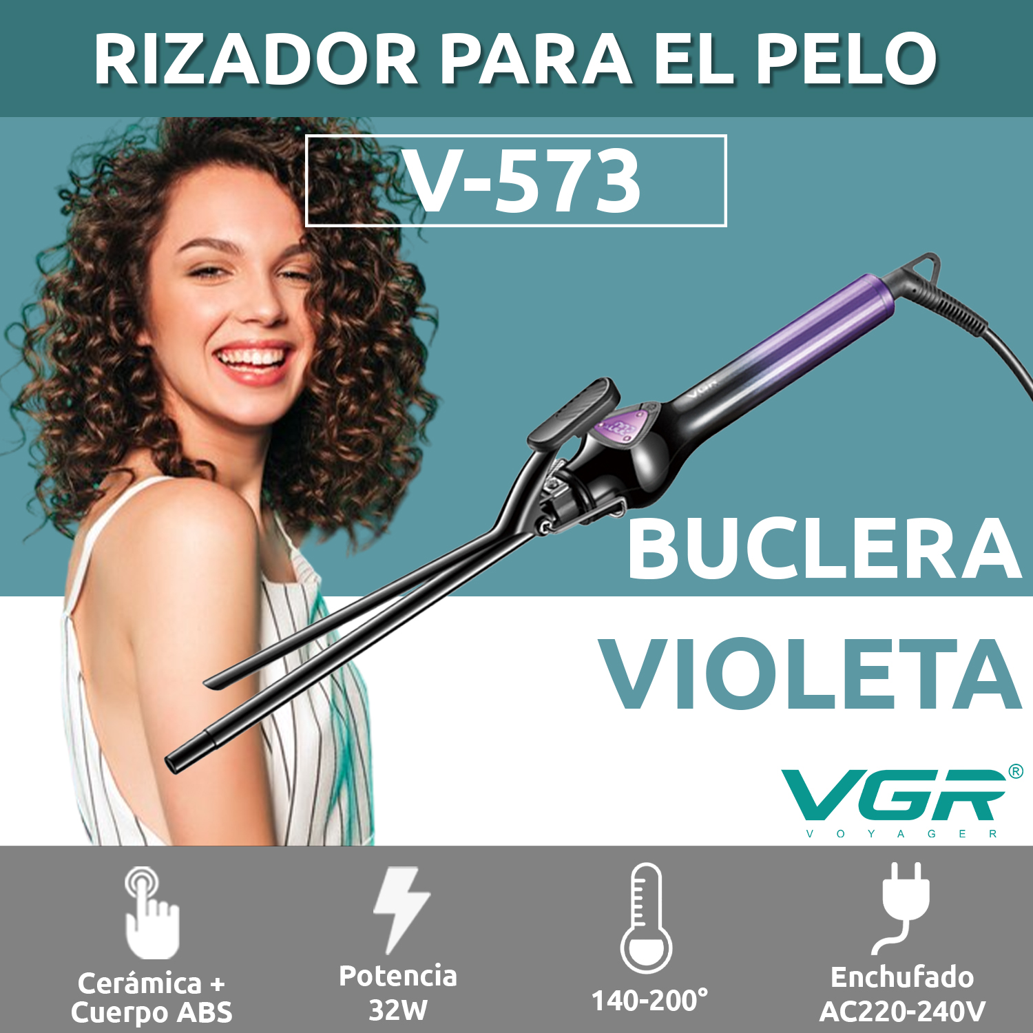 Rizador Buclera VGR V-573 Cerámica Pro 200°C 7 Niveles Led Color Violeta - Image 2