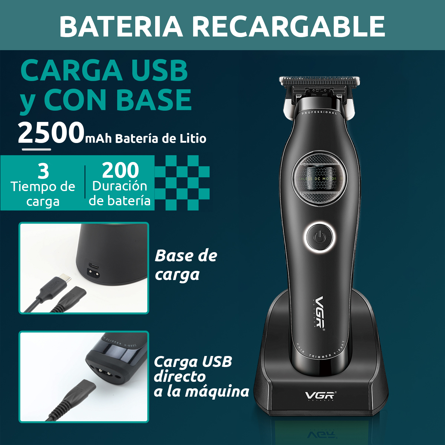 Maquina de cortar Pelo Patillera Trimmer Vgr V-880t Rotatech Bldc 7200RPM Color Negro - Image 5