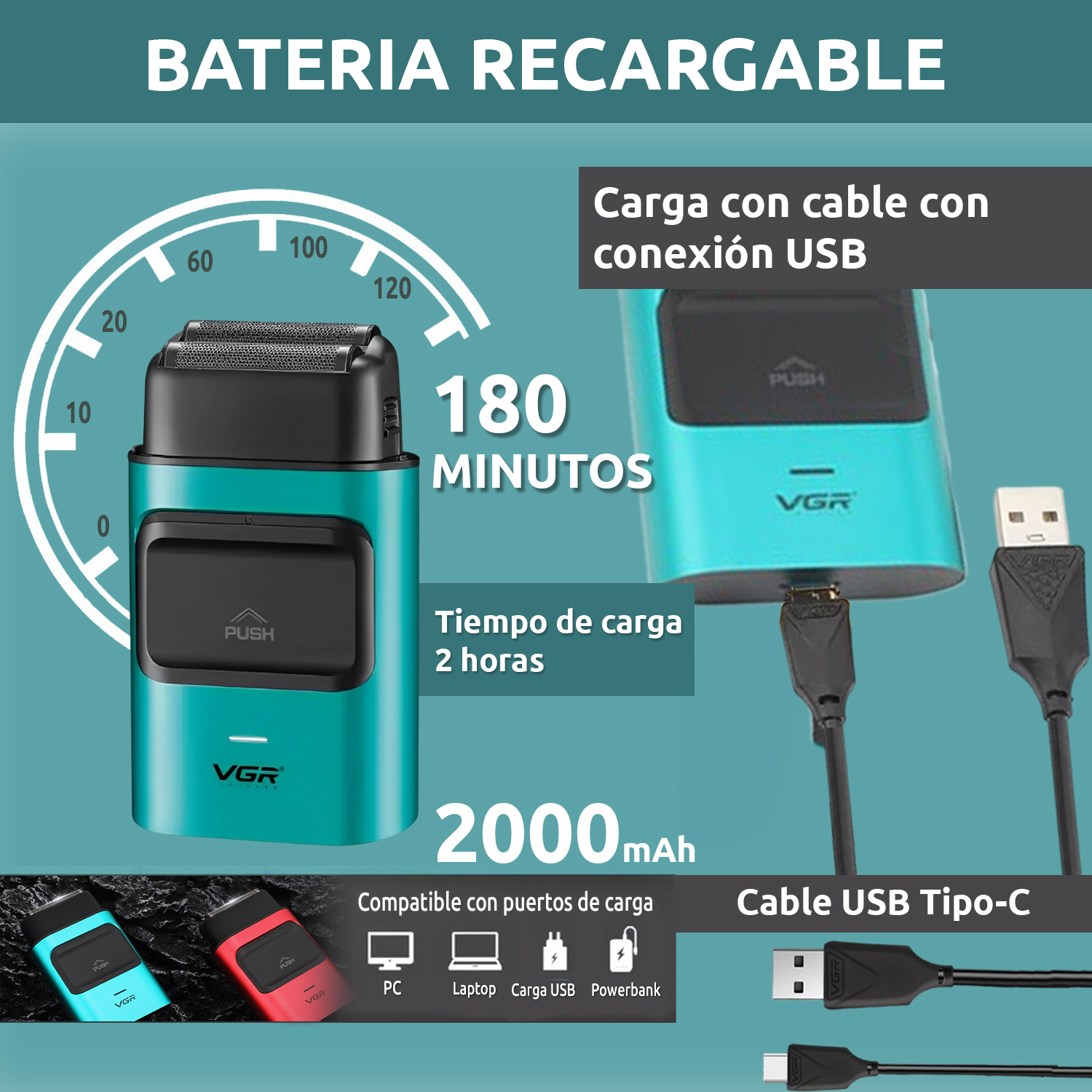 Maquina Corta Pelo Rasuradora Titanio Recargable VGR V-307 Color Verde - Image 4