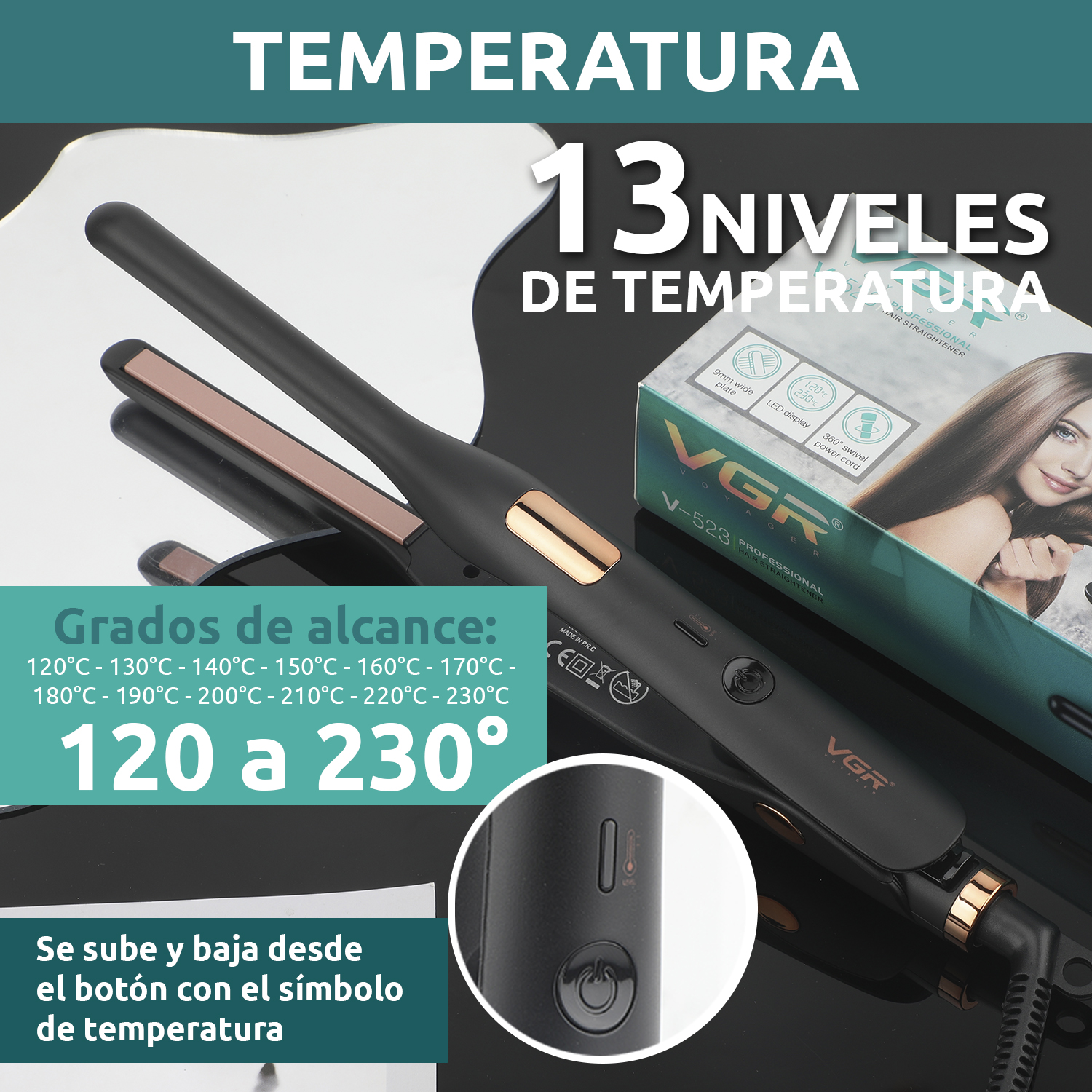 Planchita Mini Pelo Lacio Bucle Corto VGR V-523 Cerámica Color Negro - Image 3