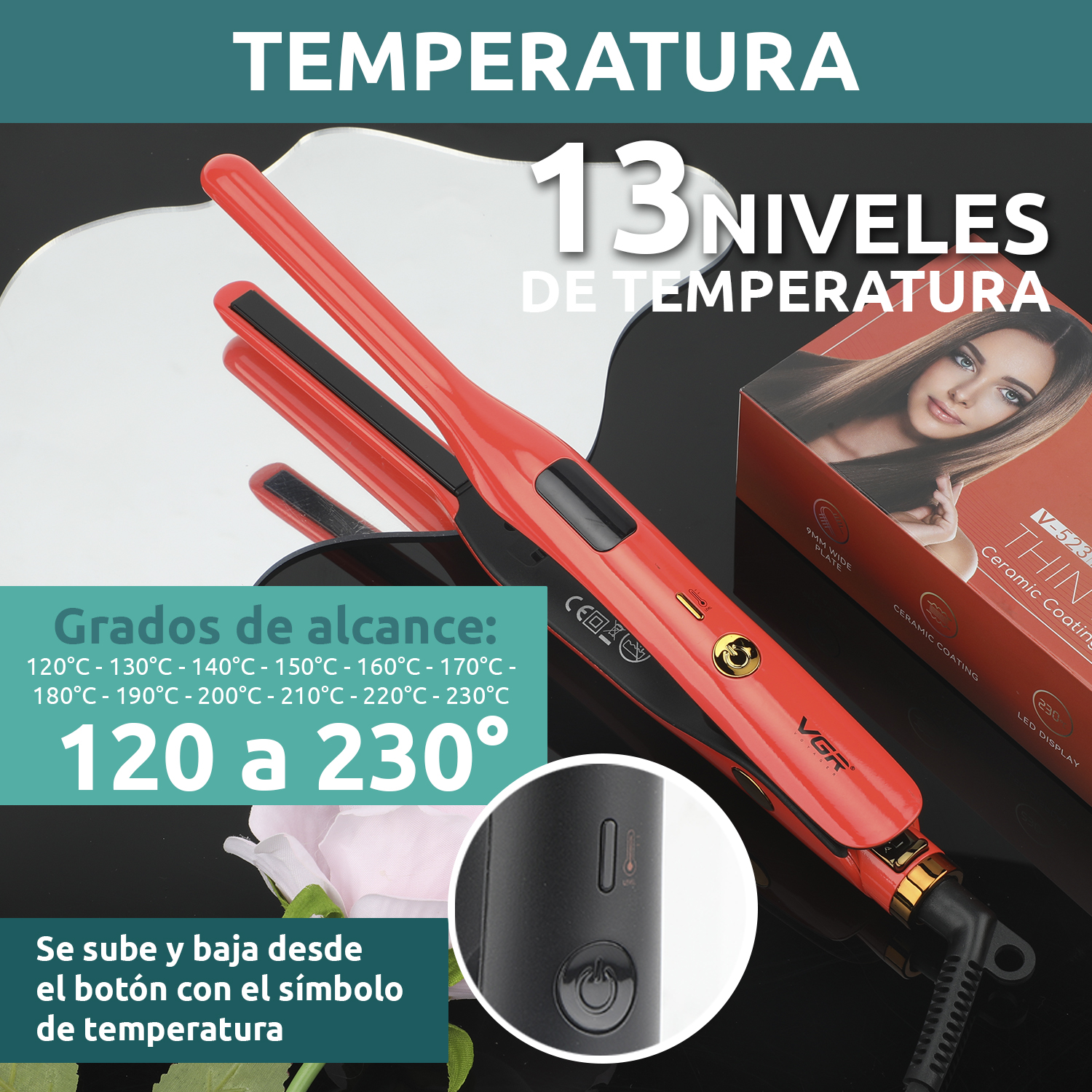 Planchita Mini Pelo Lacio Bucle Corto VGR V-523 Cerámica Color Rojo - Image 3