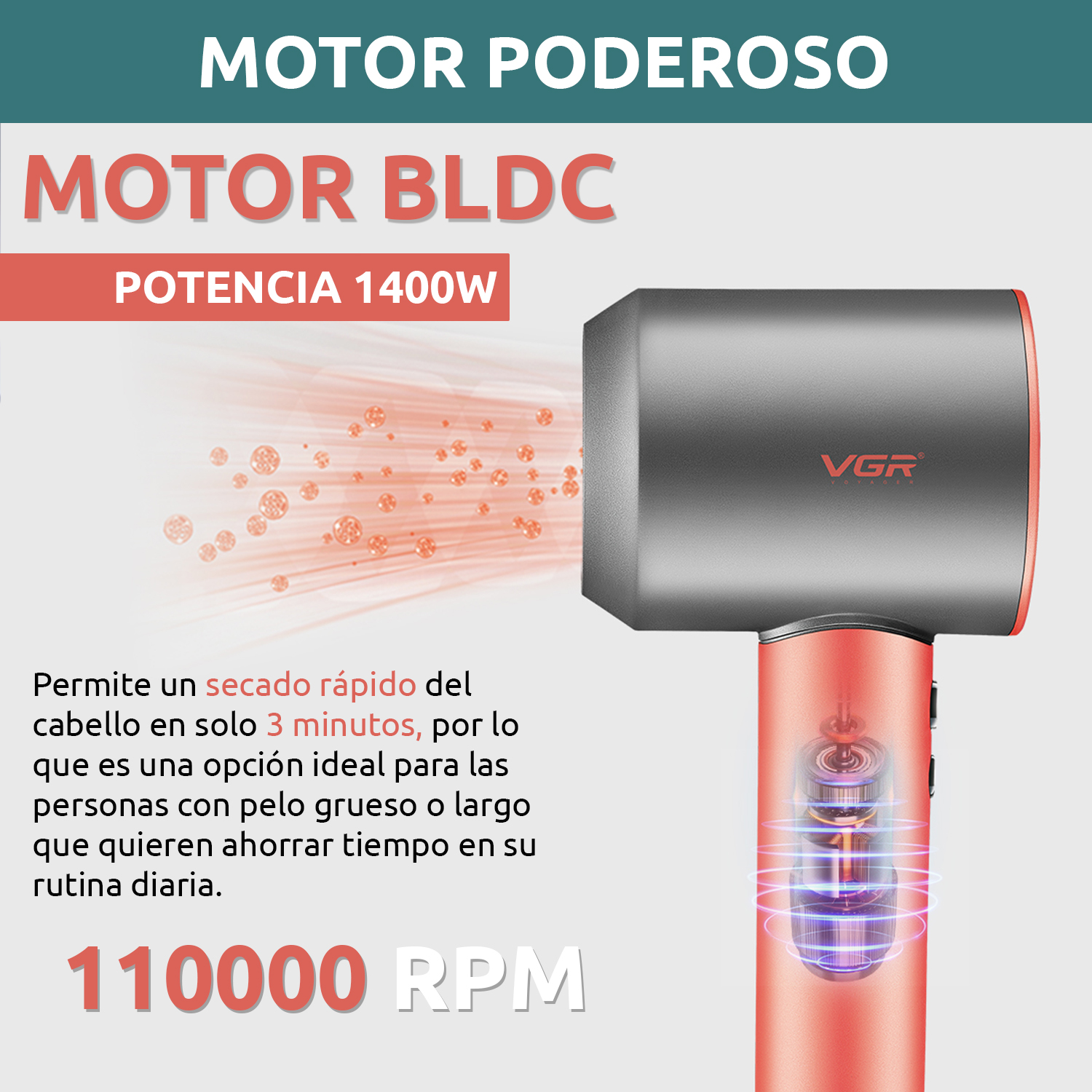 Secador De Pelo Profesional VGR V-440 Iónico 1400w BLDC Color Rojo - Image 5